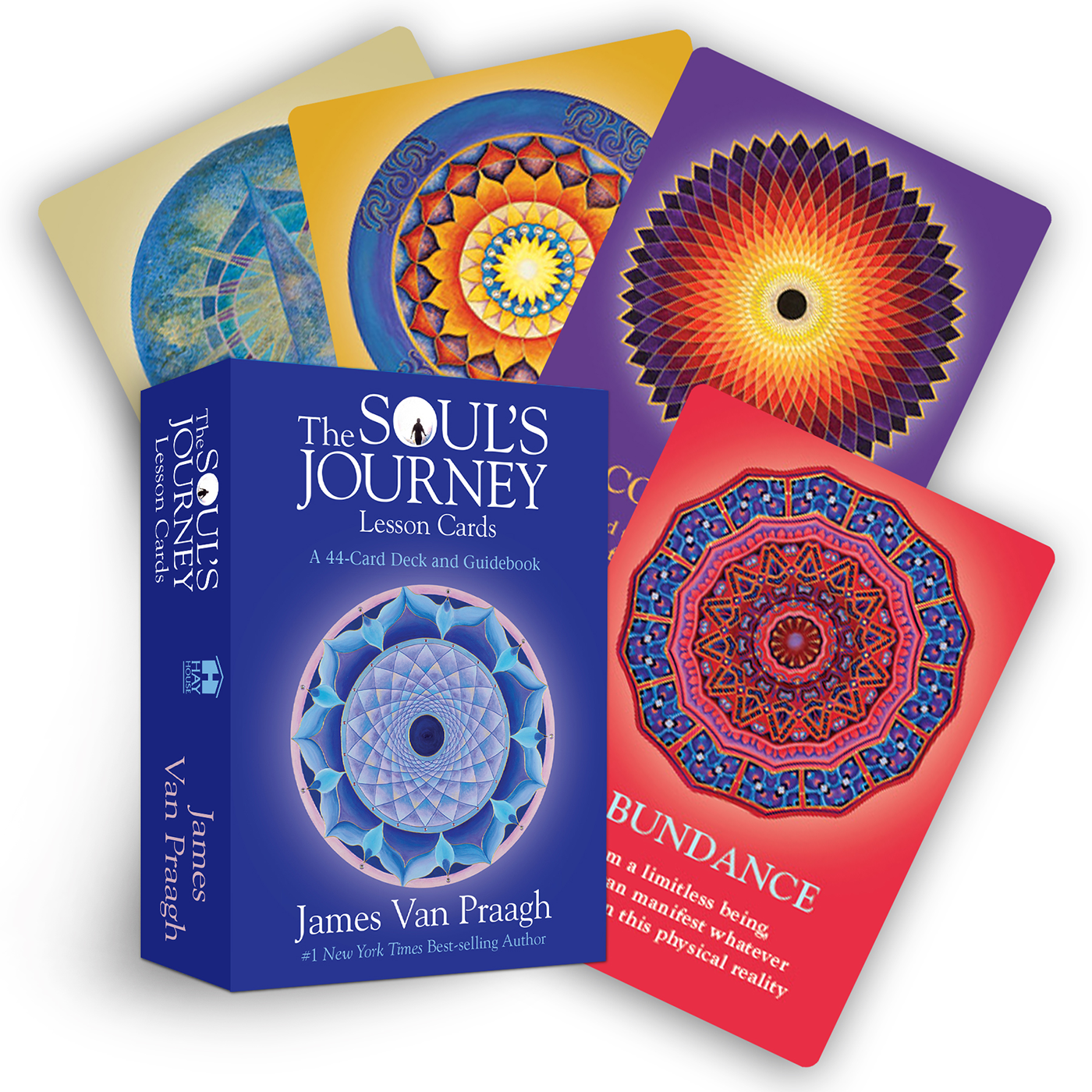 A packaged card deck titled 'The Soul's Journey Lesson Cards' by James Van Praagh, displayed among various spiritual and metaphysical items.
