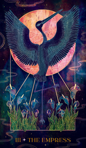 Oriens Animal Tarot sample card "III · The Empress" picture of ibis infant of moon with lilys below