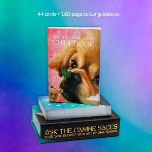 A boxed card deck and guidebook set titled “Ask the Canine Sages” displayed on a blue-to-purple gradient background. 
