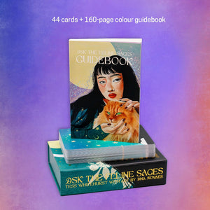 Card deck and guidebook titled '“Ask the Feline Sages” on a gradient purple background