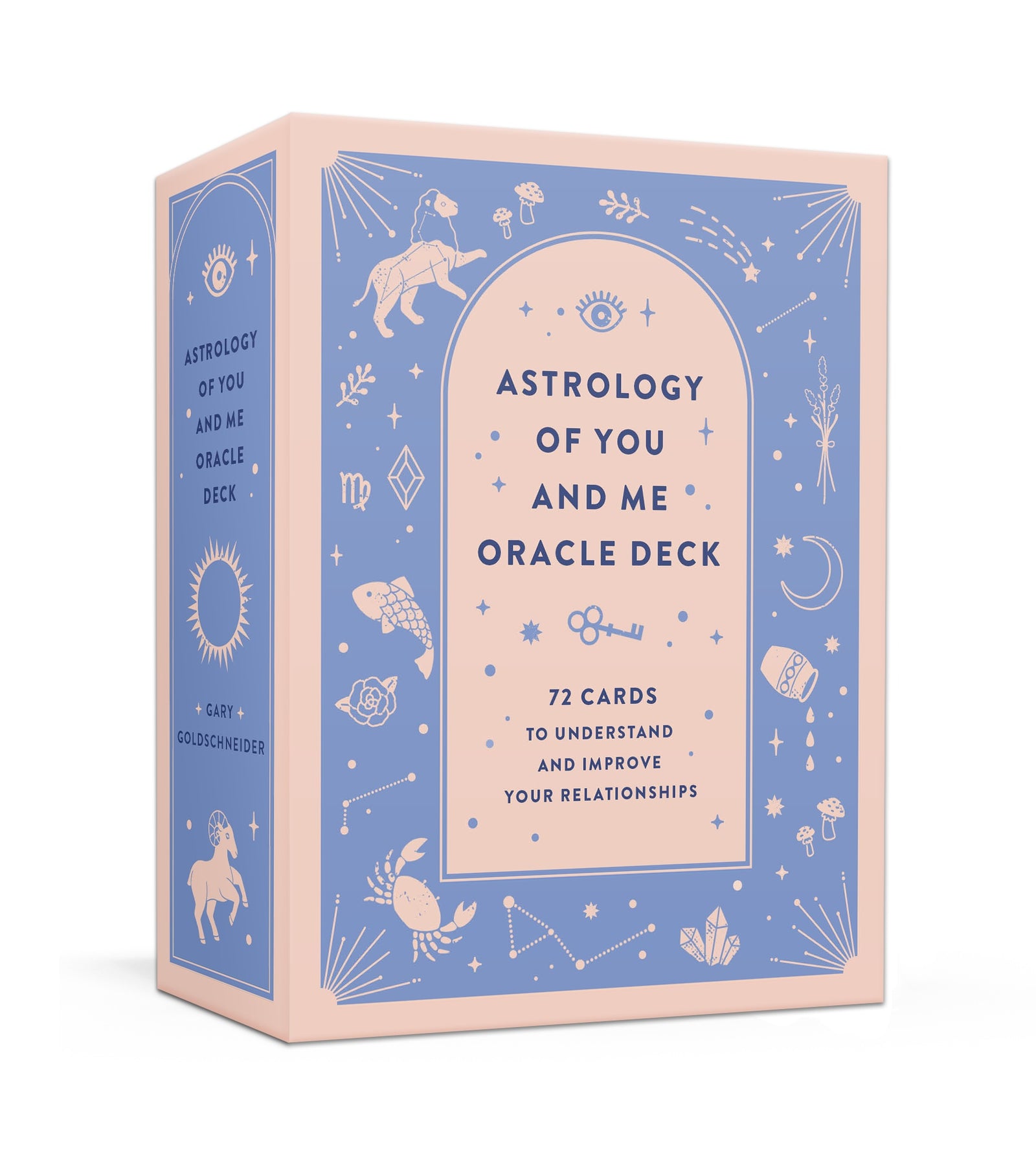 Box of 'Astrology of You and Me Oracle Deck' with astrological symbols on a white background