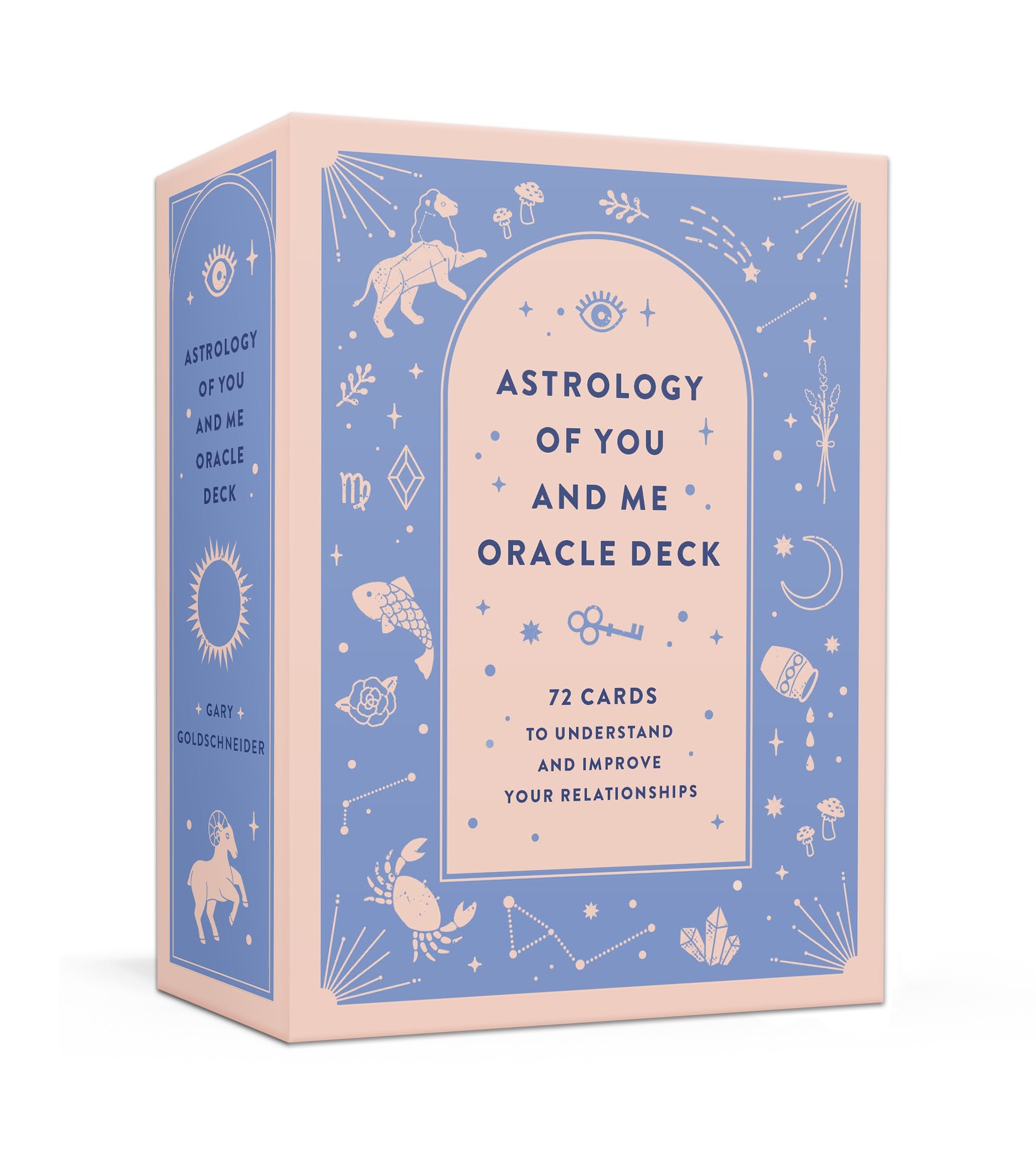 Box of 'Astrology of You and Me Oracle Deck' with astrological symbols on a white background