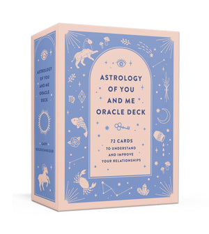 Box of 'Astrology of You and Me Oracle Deck' with astrological symbols on a white background