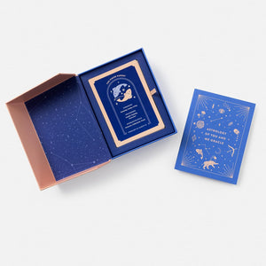 Blue astrological card set with star design on a white background