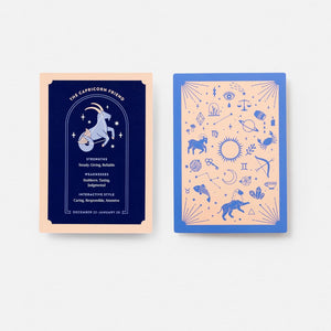 front and back of zodiac-themed card on a white background