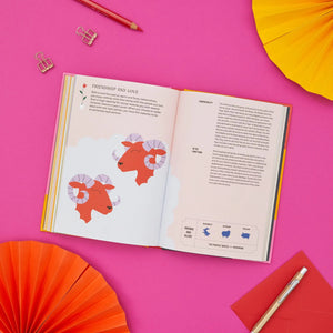 Open book with illustrations of rams on a pink background with decorative items.