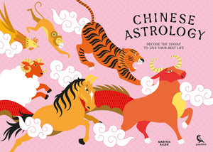 Book page of 'Chinese Astrology' with illustrations of animals on a pink background
