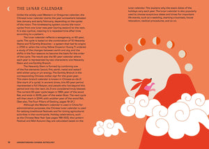 Page from a book explaining the lunar calendar with text and illustrations on an orange background.