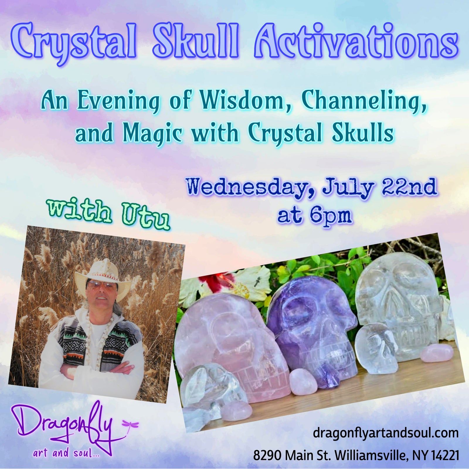 Promotional flyer for Crystal Skull Activations event with crystal skulls and a person in a cowboy hat.