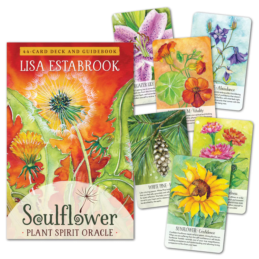 Soulflower Plant Spirit Oracle cards by Lisa Estabrook with colorful illustrations of plants.