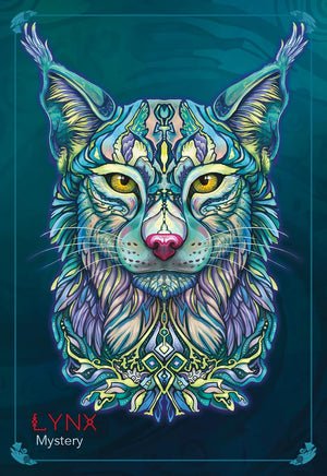 Colorful lynx illustration with intricate patterns on a dark blue background