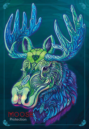 Colorful moose illustration with intricate patterns on a dark background