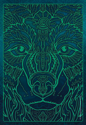 Back side of oracle card illustration featuring a stylized wolf face rendered in glowing teal-green line art against a dark blue and teal background.