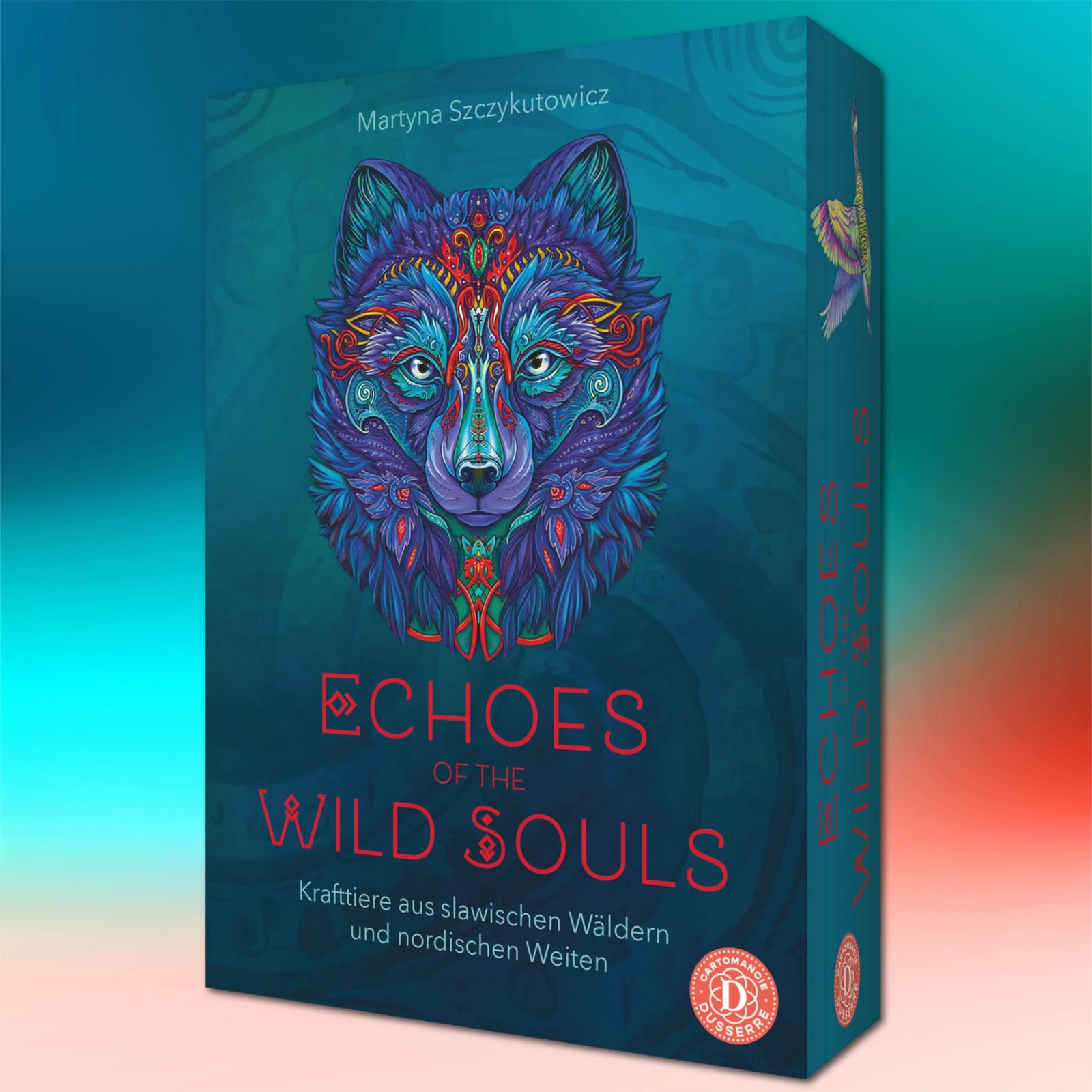 An oracle deck box titled "Echoes of the Wild Souls" by Martyna Szczykutowicz, featuring a stylized colorful wolf head on a dark teal background.