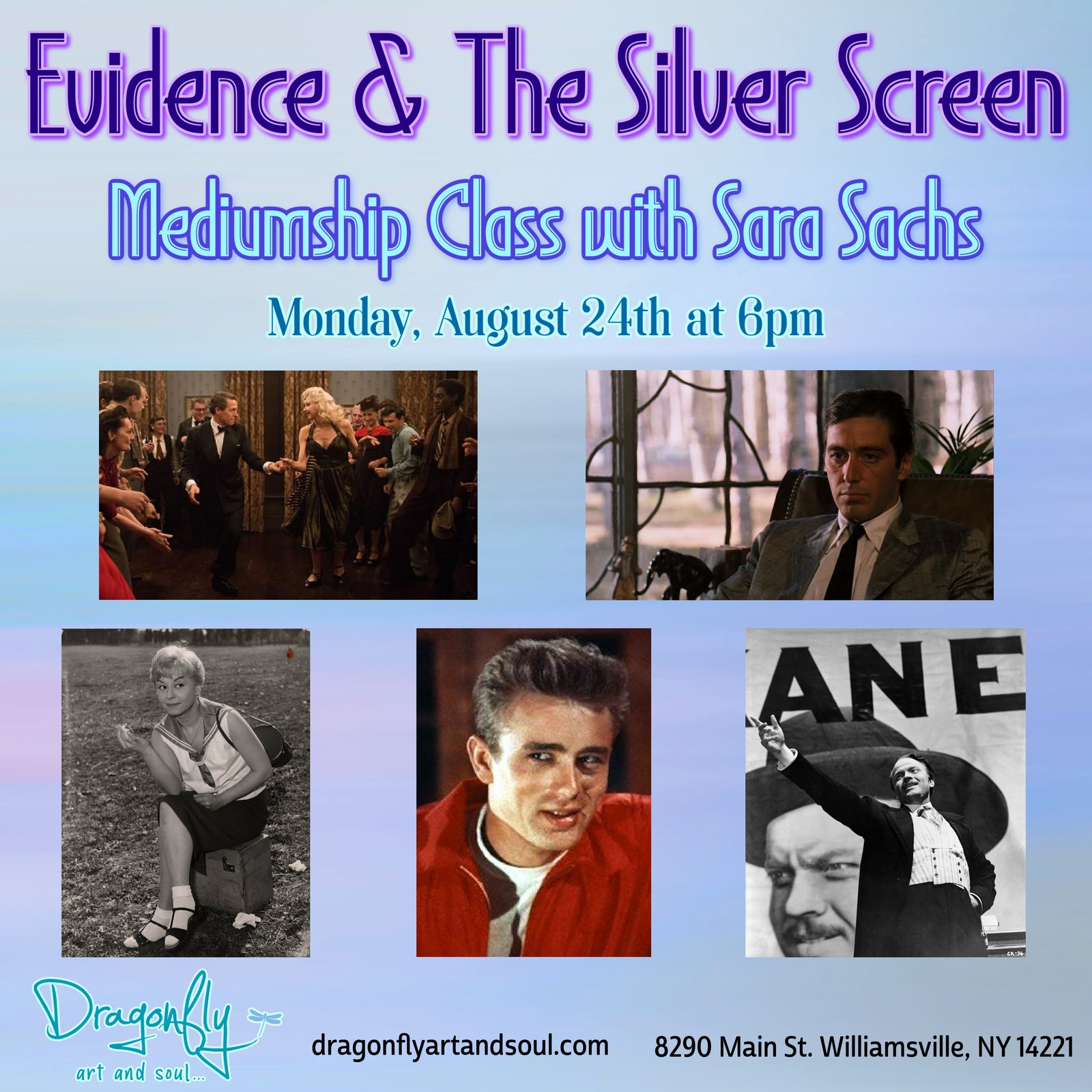 Promotional flyer for 'Evidence & The Silver Screen' mediumship class with Sara Sachs, with a light blue gradient background and old film images.