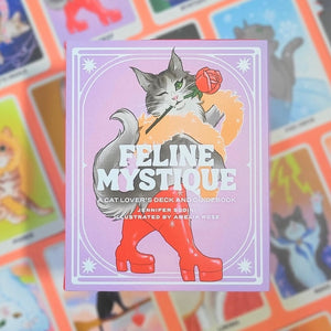 Card deck titled 'Feline Mystique' with a cat illustration on a colorful background.