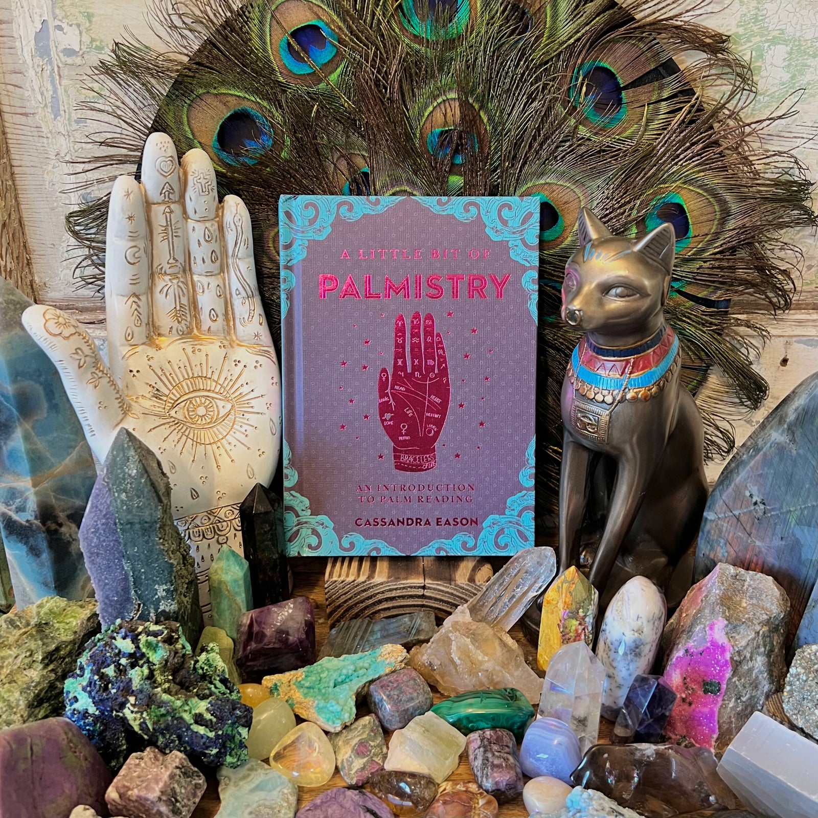 The image features the book "A Little Bit of Palmistry: An Introduction to Palm Reading" displayed among various metaphysical and spiritual objects.