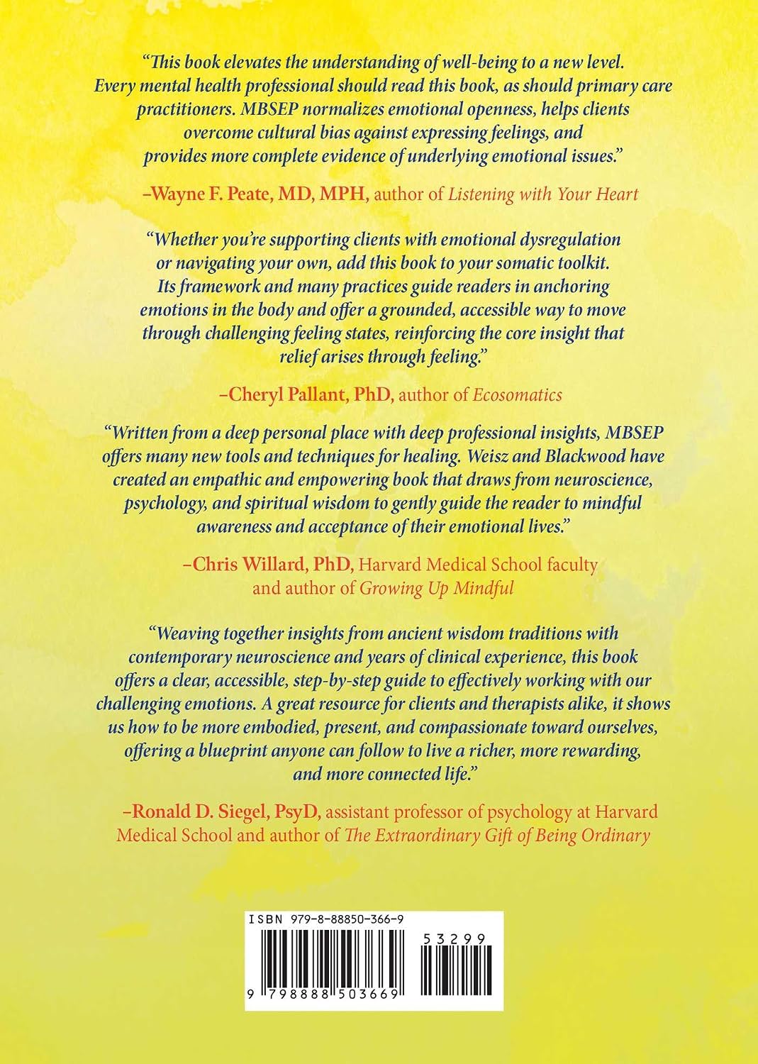Colorful book cover for 'Mindfulness-Based Somatic Emotional Processing: A Guide for Patients & Therapists' by Robert Weisz, PhD & Daniel Blackwood, MA.