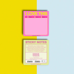Pink sticky notes with 'I Love This' text on a yellow and blue background