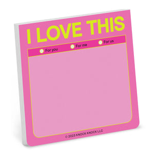 Pink notepad with 'I LOVE THIS' text and checkboxes on a white background