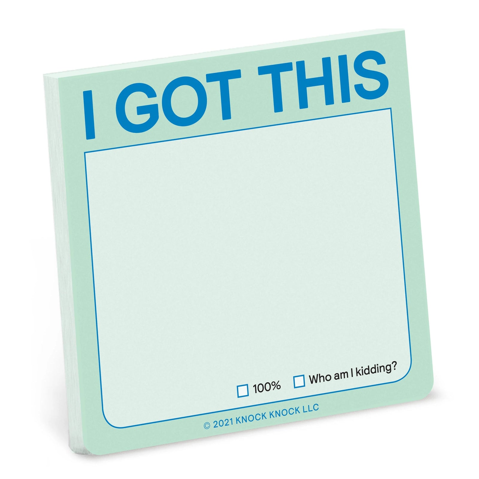 Mint green sticky note pad with 'I Got This' text and checkboxes on a white background