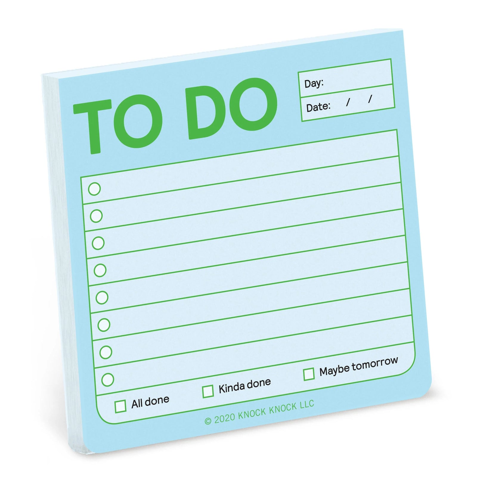 Light blue to-do list pad with green text and checkboxes on a white background