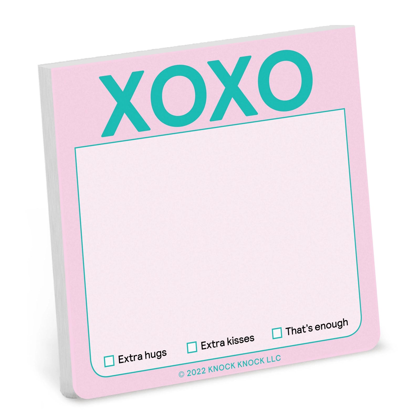 Pink notepad with 'XOXO' text and checkboxes on a white background