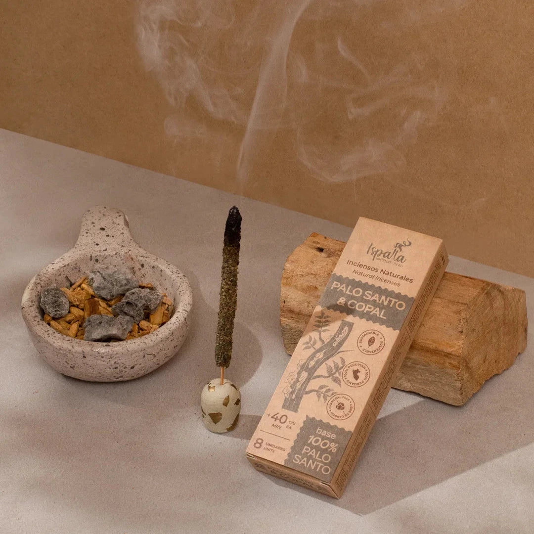 Incense stick, Palo Santo wood, and packaging on a neutral background