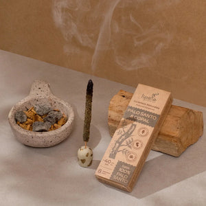Incense stick, Palo Santo wood, and packaging on a neutral background