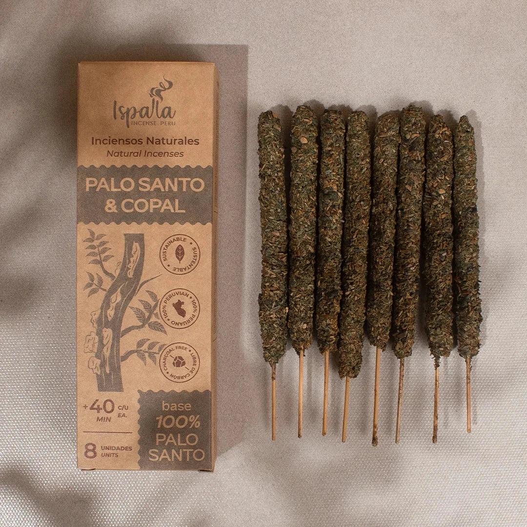 Incense stick, Palo Santo wood, and packaging on a neutral background