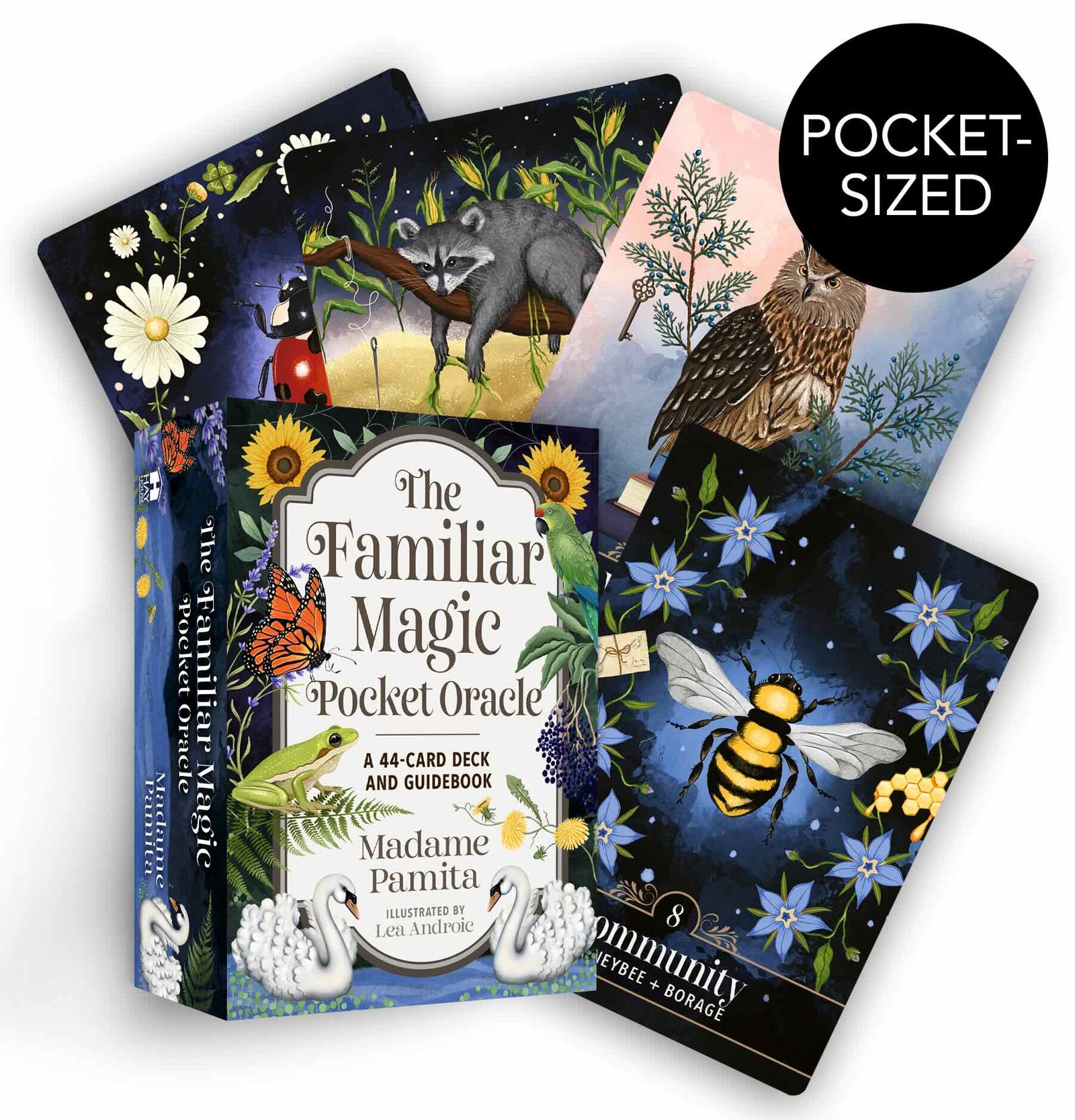 Familiar Magic Pocket Oracle cards with illustrations of animals and nature on a white background.