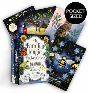 Familiar Magic Pocket Oracle cards with illustrations of animals and nature on a white background.