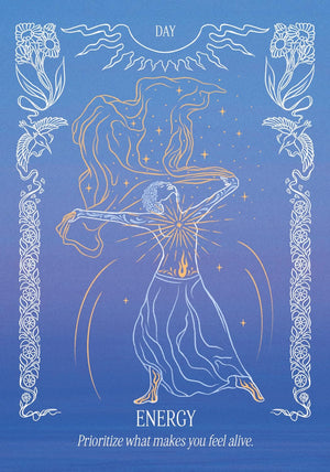 Illustration of a woman with energy around her on a blue background with floral elements.