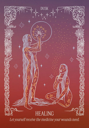 Illustration of two women with a mystical design on a red background, featuring the word 'Healing'.