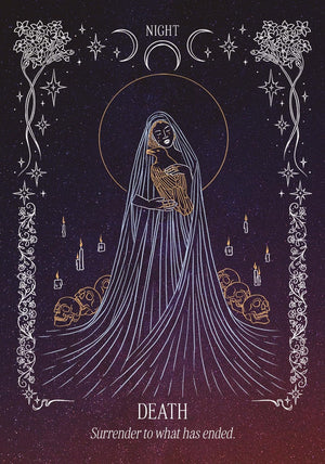 Artistic depiction of a veiled figure with celestial elements on a dark background