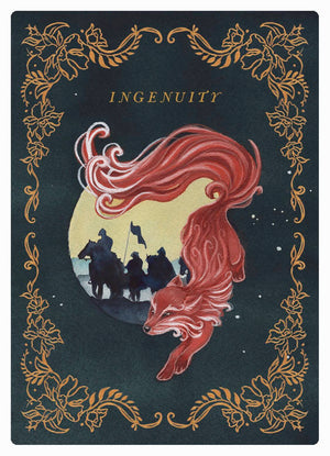 oracle card with red fox silhouette, silhouettes of people, and decorative gold elements on a dark background.