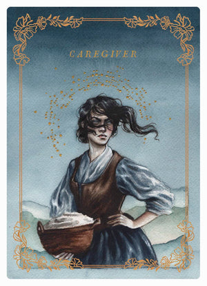 Illustration of a woman labeled 'Caregiver' with decorative elements on a blue background