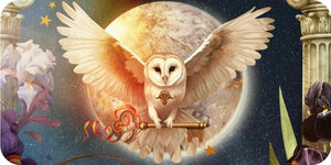 Owl with outstretched wings in front of a celestial background with stars and columns.