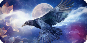 Black bird with outstretched wings against a mystical background with flowers and moon.