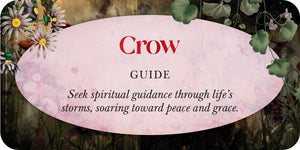 Card with 'Crow Guide' text and floral design on a dark background