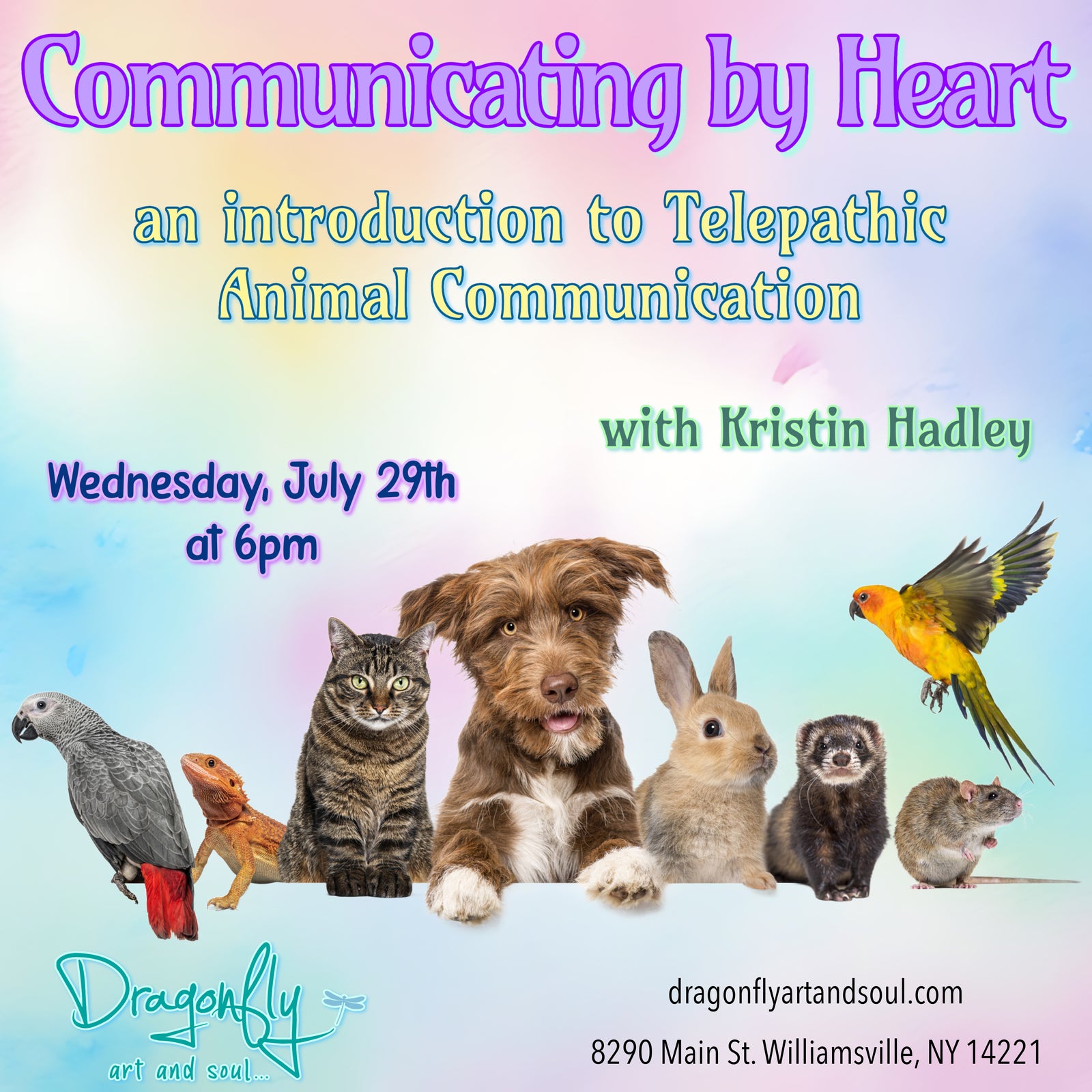 Promotional flyer for telepathic animal communication class with animals on a colorful background