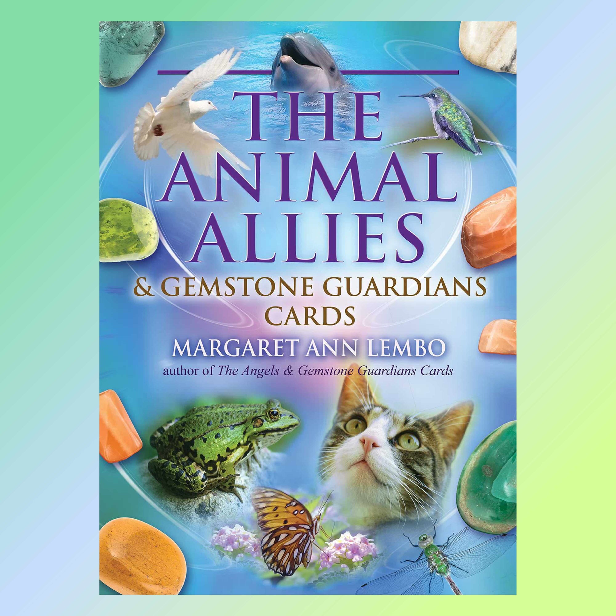 card deck cover of 'The Animal Allies & Gemstone Guardians Cards' by Margaret Ann Lembo with images of animals and gemstones.