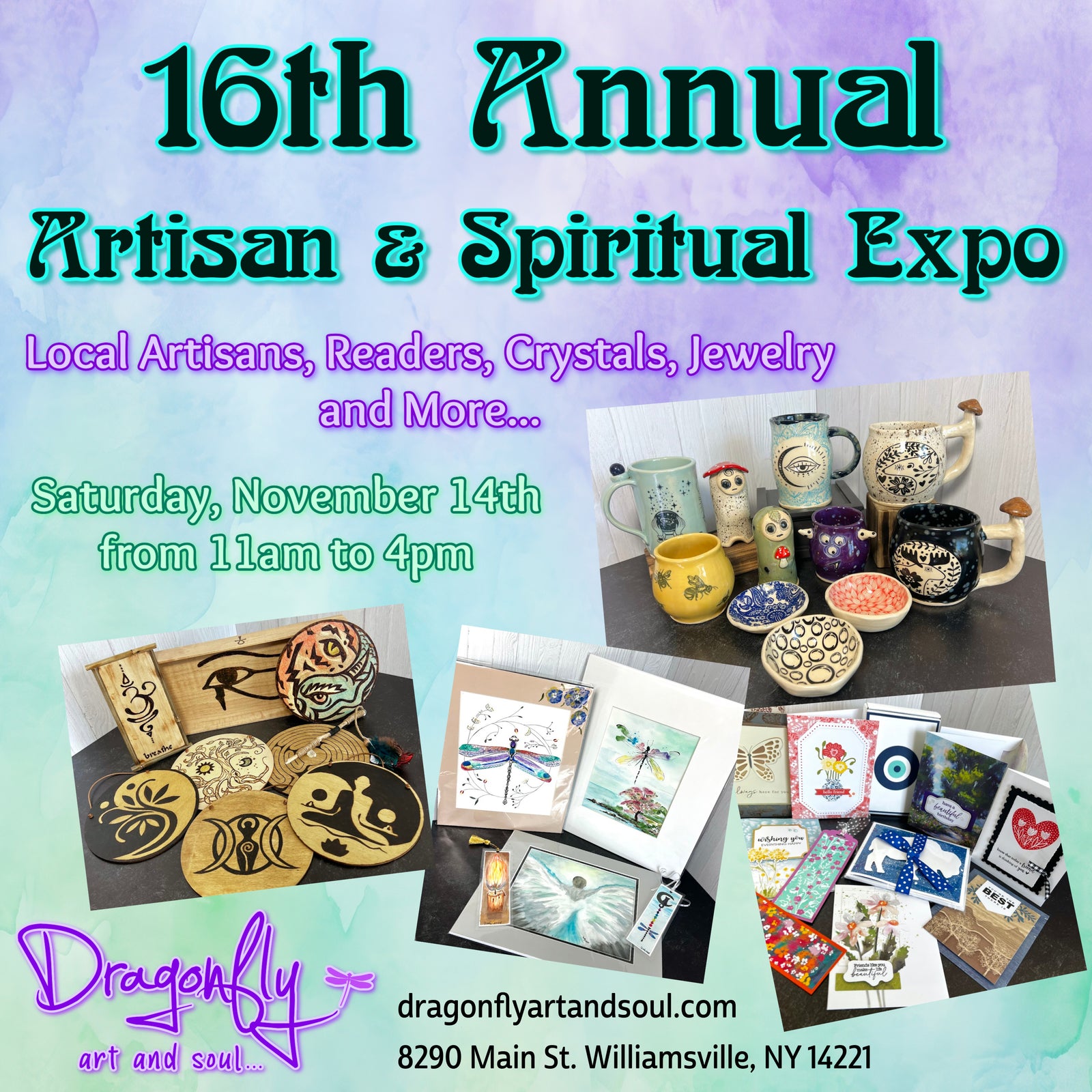 Flyer for the 16th Annual Artisan & Spiritual Expo, with a colorful pastel gradient background. showcasing several product collage sections.