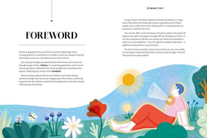 Illustrated page with a person lying on grass, surrounded by flowers and nature, with text on a white background.