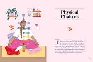 Illustration of a person with chakras and related symbols on a pink background