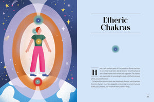 Illustration of a person with etheric chakras and text on a blue background