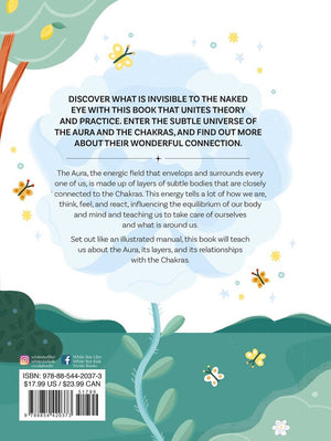 Book back cover with text about the aura and chakras, surrounded by nature-themed illustrations.