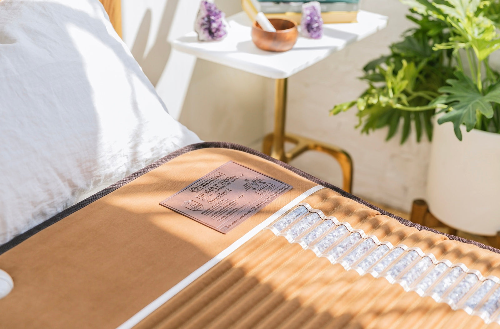 biomat on bed blurred background