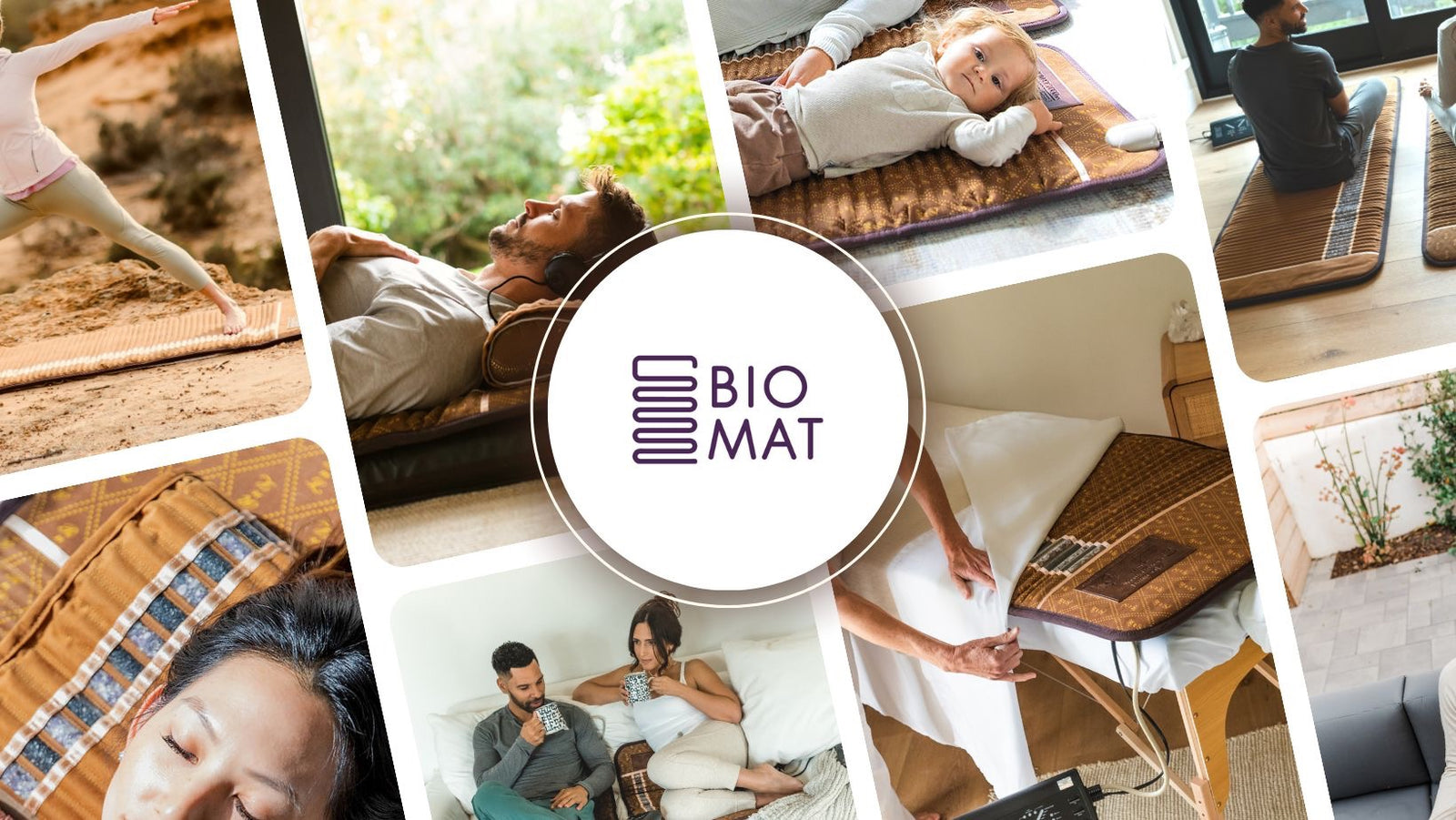 collage of pictures with "biomat" text in white circle in center