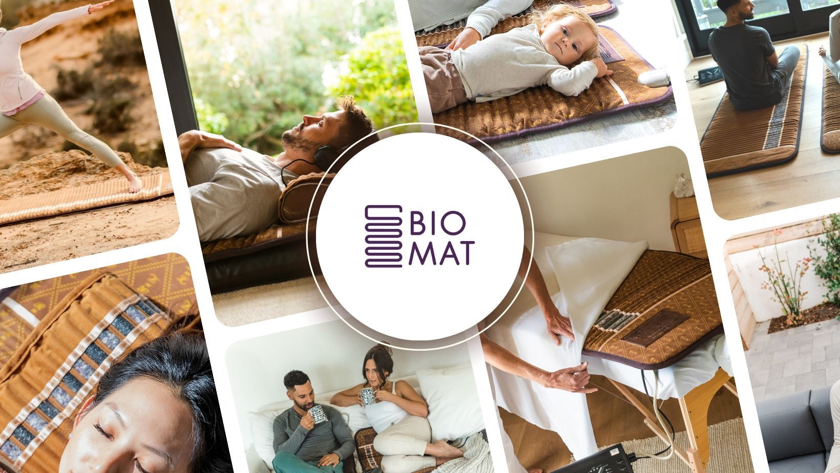 collage of pictures with "biomat" text in white circle in center